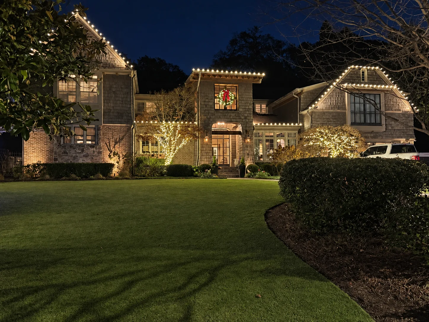 Professional Christmas light installation on a Metro Atlanta home by Atlanta Holiday Lighting