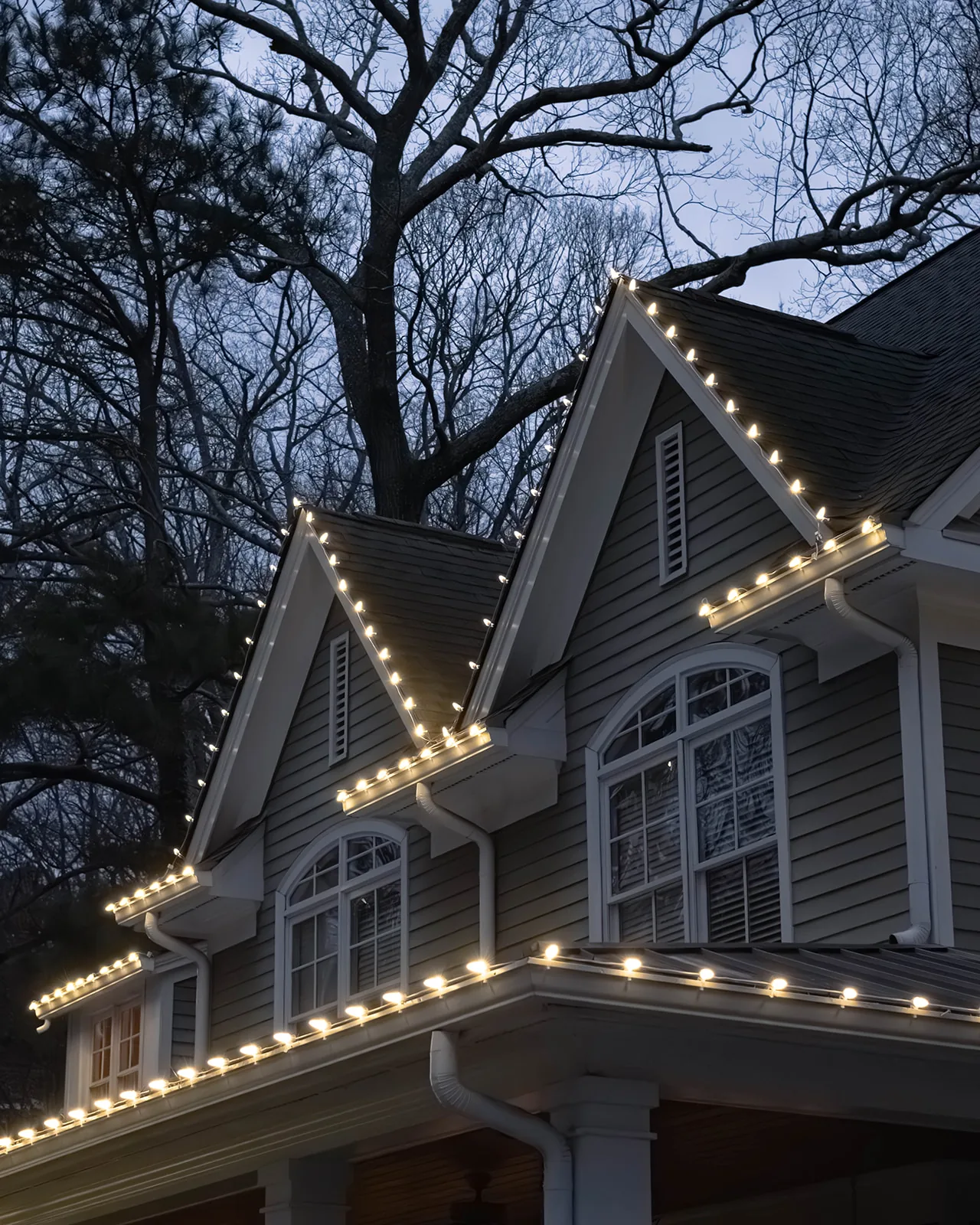 Commercial-grade C9 LEDs installed along an Atlanta roofline