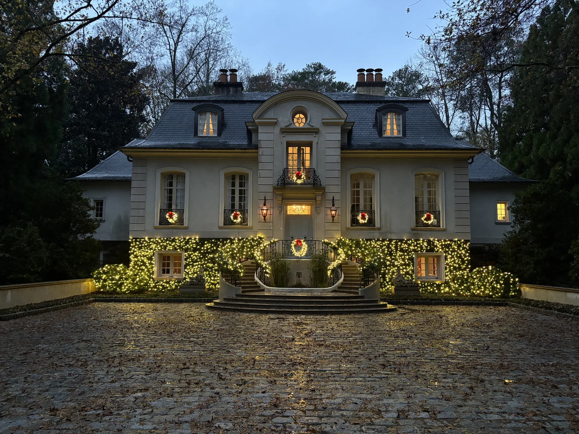 Professional Christmas light installation on a Tuxedo Park home in Buckhead Atlanta